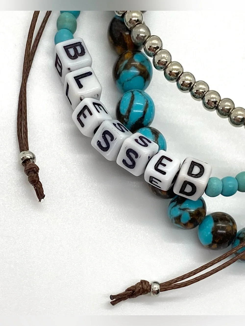 Hello Happy Turquoise Blue Brown Beaded Bracelet Boho Fall Festival Southwestern